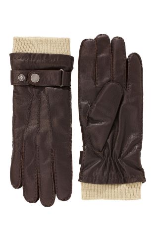 Brown Cuff Strap Leather Gloves